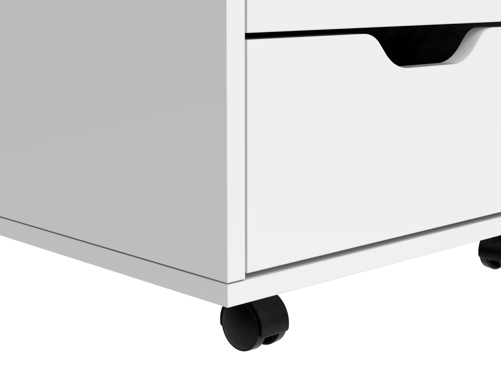 Weißer Rollcontainer mit zwei Schubladen und schwarzen Griffen, seitliche Perspektive, auf Rollen.
