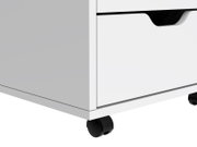 Weißer Rollcontainer mit zwei Schubladen und schwarzen Griffen, seitliche Perspektive, auf Rollen.