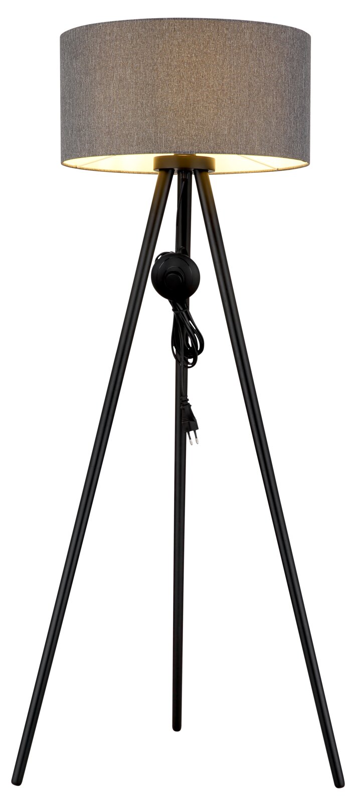 Moderne Tripod-Stehleuchte mit schwarzem Dreibein-Gestell und grauem Stoff-Lampenschirm, mit Kabel und Schalter, freigestellt auf weißem Hintergrund, Frontansicht