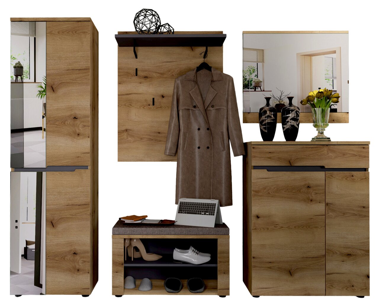 Garderoben-Set 5-tlg. in Holzoptik, bestehend aus einem hohen Schrank mit Spiegel, einer Wandgarderobe mit Haken, einem Schuhregal mit Sitzfläche und einem Spiegel mit Kommode. Frontalansicht.