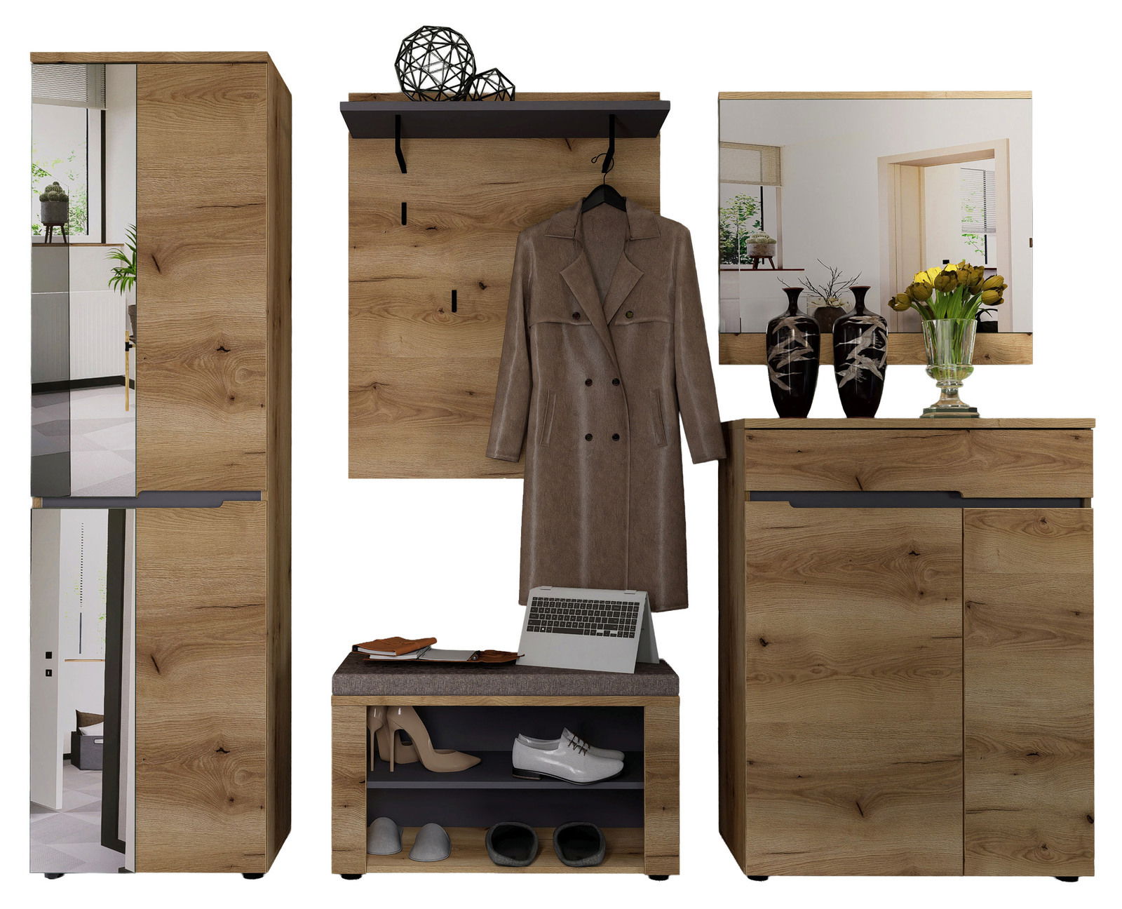 Garderoben-Set 5-tlg. in Holzoptik, bestehend aus einem hohen Schrank mit Spiegel, einer Wandgarderobe mit Haken, einem Schuhregal mit Sitzfläche und einem Spiegel mit Kommode. Frontalansicht.