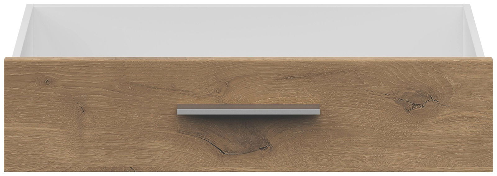 Frontansicht einer Schublade mit Holzoptik und Metallgriff