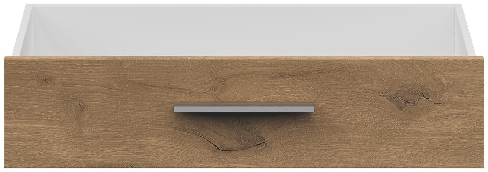 Frontansicht einer Schublade mit Holzoptik und Metallgriff