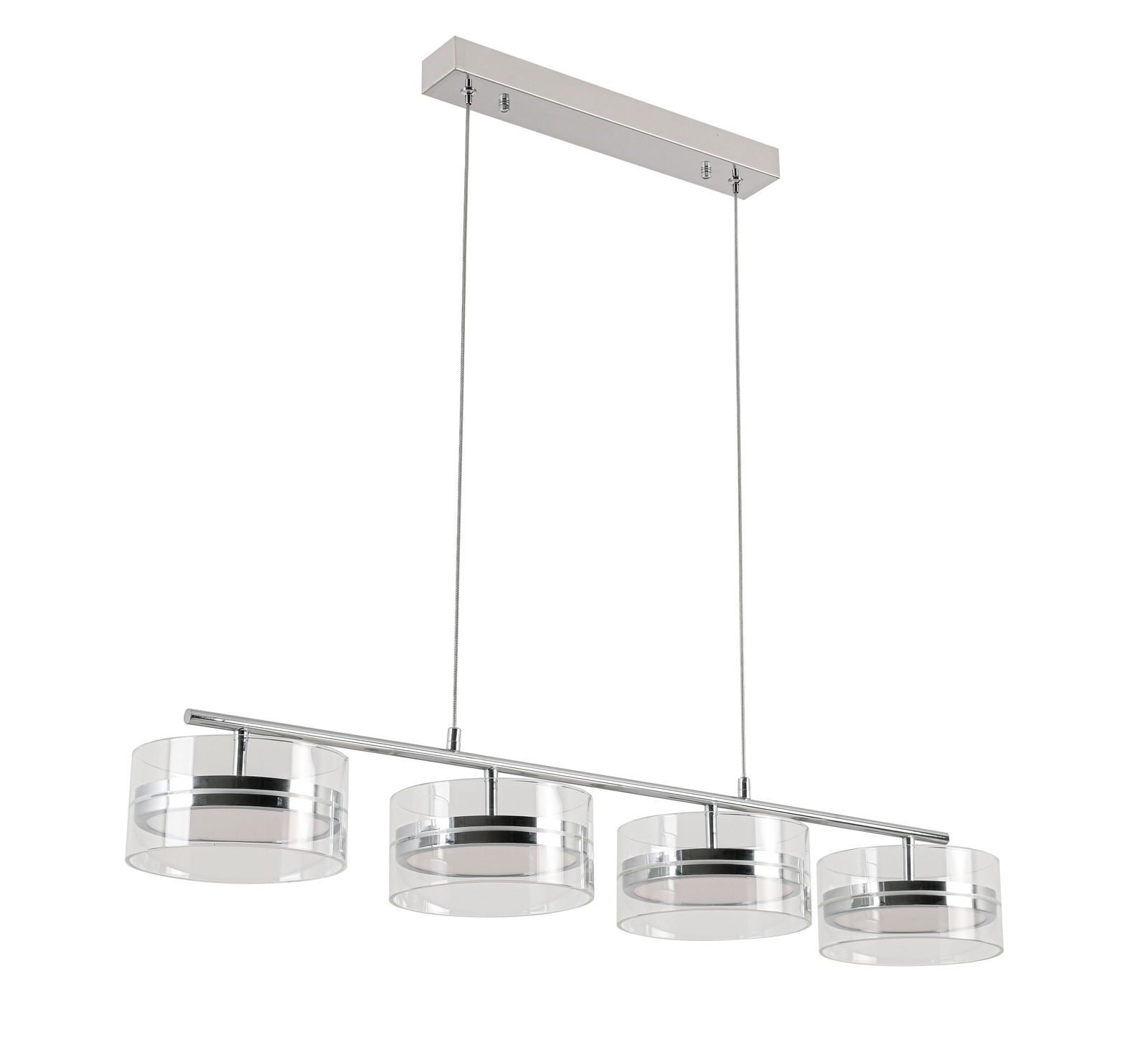 Moderne LED-Hängeleuchte mit vier zylindrischen, transparenten Lampenschirmen, seitliche Perspektive.
