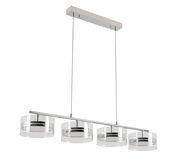 Moderne LED-Hängeleuchte mit vier zylindrischen, transparenten Lampenschirmen, seitliche Perspektive.