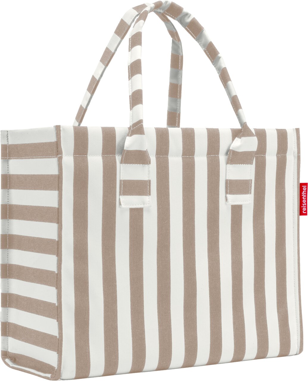 Gestreepte draagtas in wit en taupe met twee hengsels, vooraanzicht licht schuin van links, rood reisenthel-label aan de zijkant