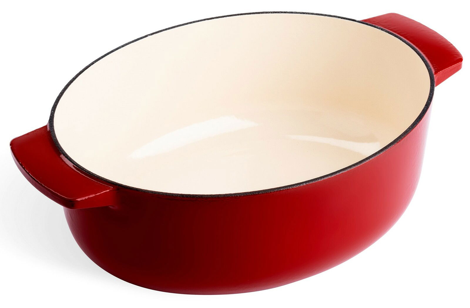 Roter ovaler Gusseisen-Bräter mit cremefarbener Innenbeschichtung, seitliche Perspektive
