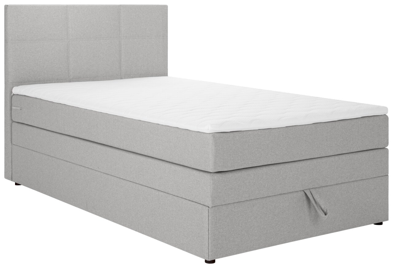 Graues Boxspringbett mit weißer Matratze, seitliche Perspektive