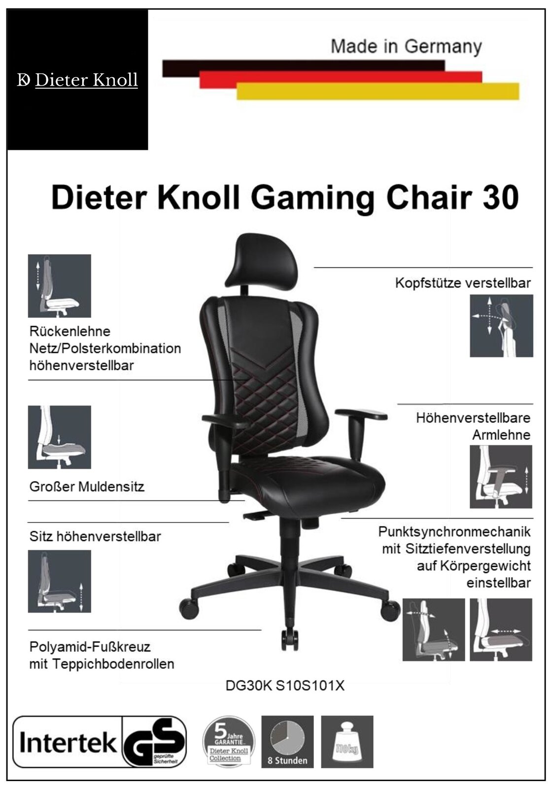 Gaming Stuhl mit verstellbarer Kopfstütze und Armlehnen, großer Muldensitz, höhenverstellbare Rückenlehne und Sitz, Polyamid-Fußkreuz mit Teppichbodenrollen, seitliche Perspektive