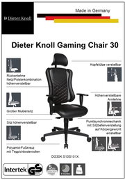 Gaming Stuhl mit verstellbarer Kopfstütze und Armlehnen, großer Muldensitz, höhenverstellbare Rückenlehne und Sitz, Polyamid-Fußkreuz mit Teppichbodenrollen, seitliche Perspektive