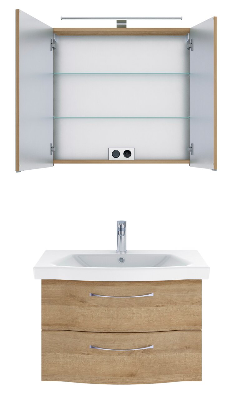 Badezimmermöbel-Set mit offenem Spiegelschrank und Waschbeckenunterschrank in Holzoptik, Frontalansicht