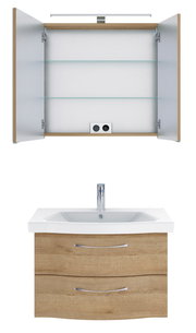 Badezimmermöbel-Set mit offenem Spiegelschrank und Waschbeckenunterschrank in Holzoptik, Frontalansicht