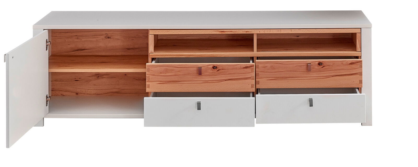 TV-Unterteil mit offenen Schubladen und Türen, Frontansicht