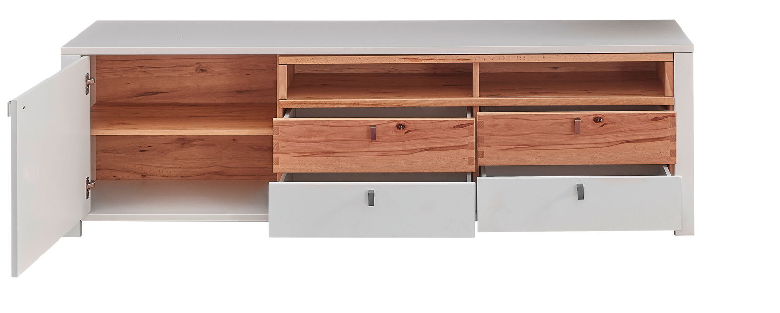 TV-Unterteil mit offenen Schubladen und Türen, Frontansicht