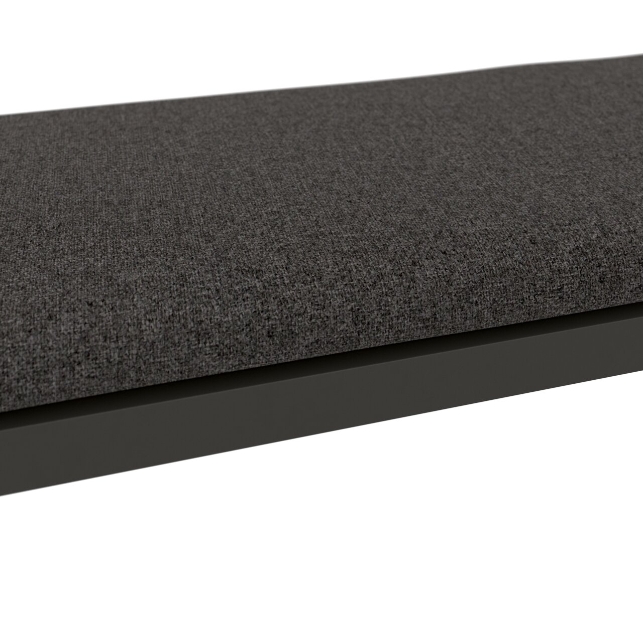 Nahaufnahme einer grauen Lounge-Bank mit Stoffbezug, seitliche Perspektive