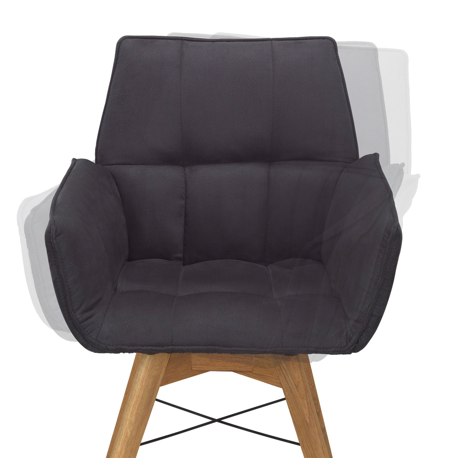 Schwarzer Armlehnenstuhl mit gepolsterter Sitzfläche und Holzbeinen, Frontalansicht