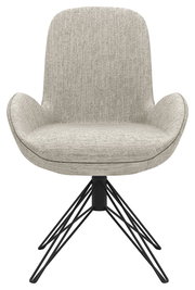 Frontansicht eines modernen Armlehnstuhls mit grauem Stoffbezug und schwarzem Metallgestell.