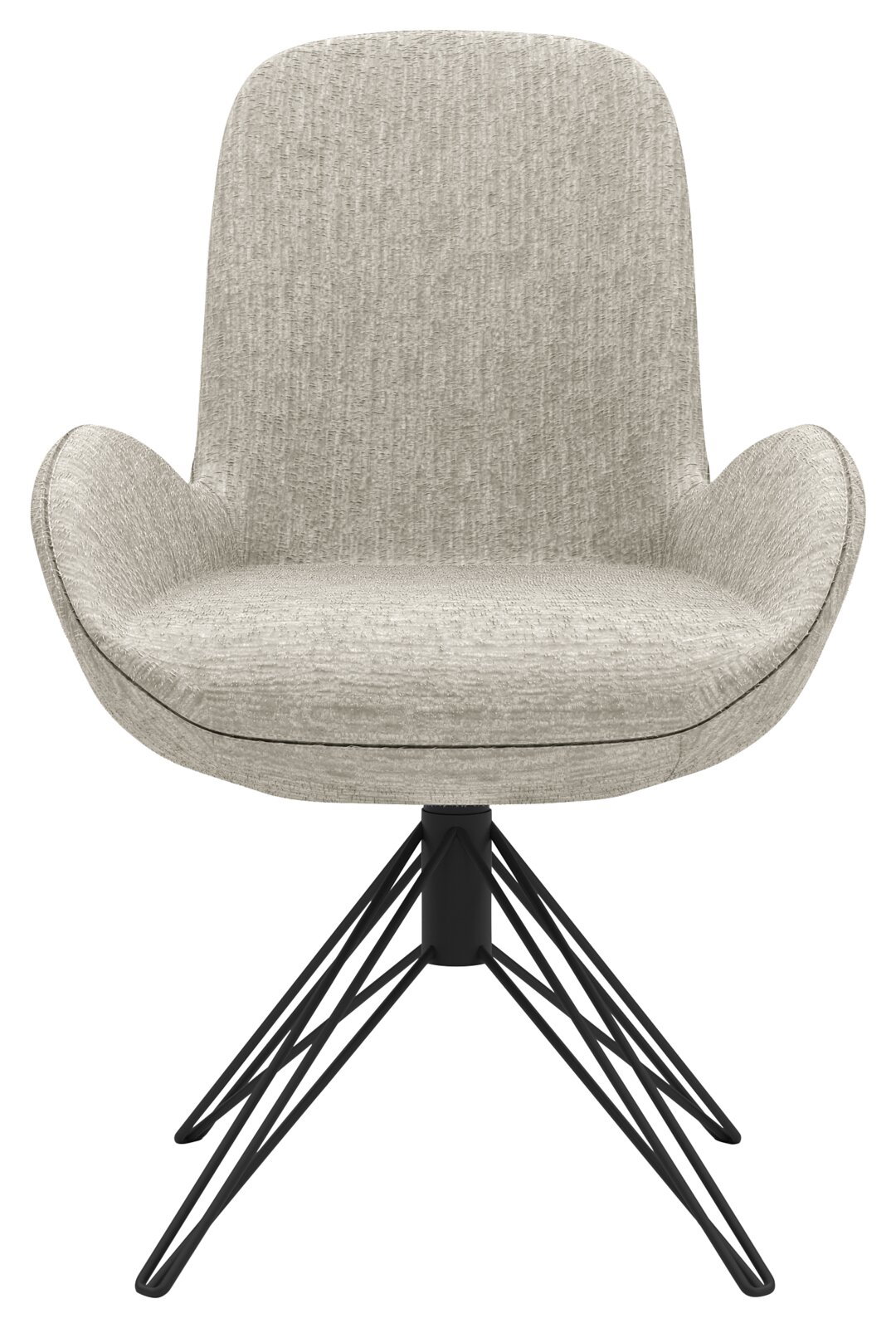 Frontansicht eines modernen Armlehnstuhls mit grauem Stoffbezug und schwarzem Metallgestell.