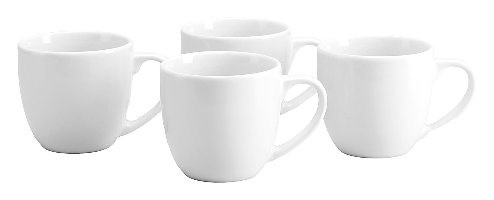 Vier weiße Keramik-Kaffeetassen mit Henkel, seitliche Ansicht in leichter Schrägperspektive vor weißem Hintergrund
