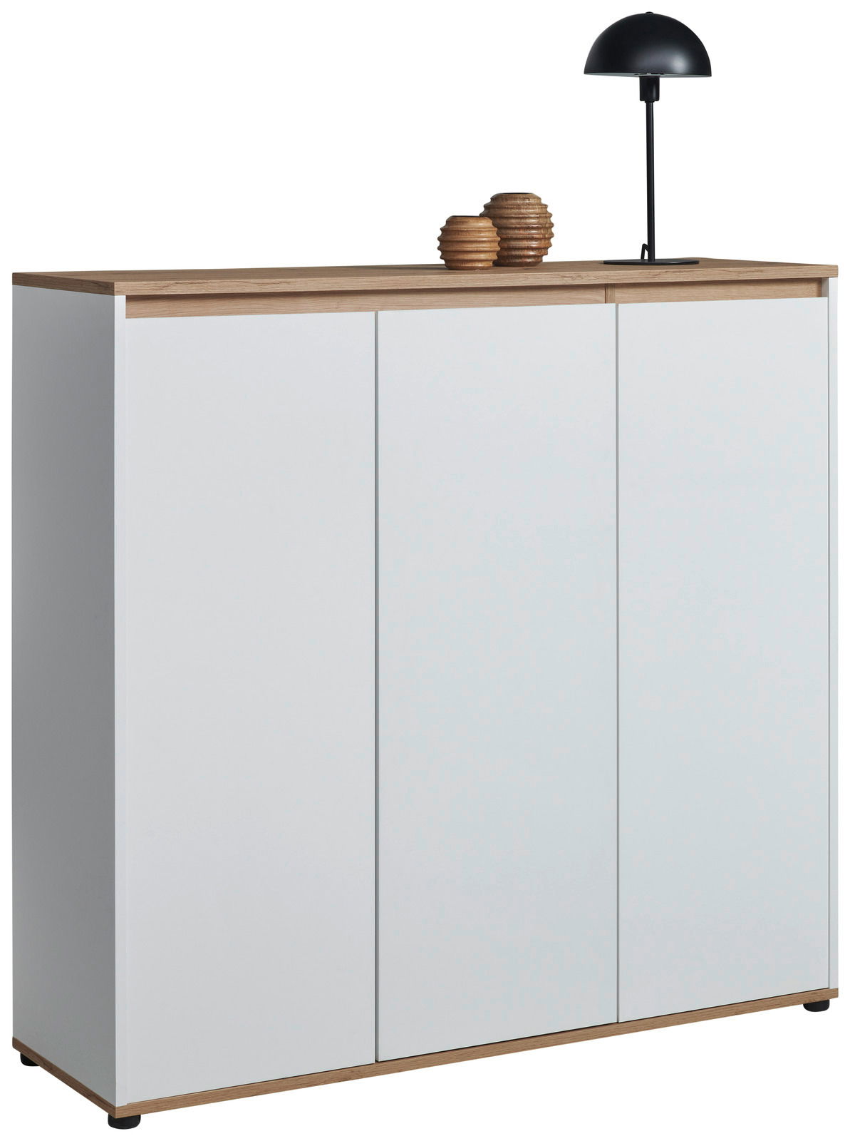 Carryhome XL-Schuhschrank MALEA Moderner XL-Schuhschrank in Weiß mit Holzoberfläche, dekoriert mit einer schwarzen Lampe und zwei Vasen, seitliche Perspektive