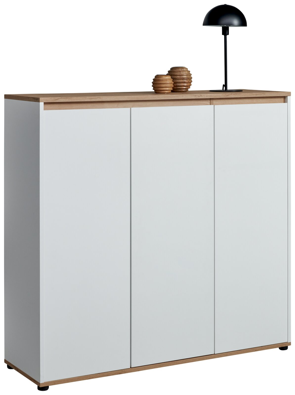Carryhome XL-Schuhschrank MALEA Moderner XL-Schuhschrank in Weiß mit Holzoberfläche, dekoriert mit einer schwarzen Lampe und zwei Vasen, seitliche Perspektive