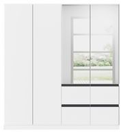 Moderner, weißer Drehtürenschrank mit vier Türen, teilweise mit Spiegel, in Frontalansicht.