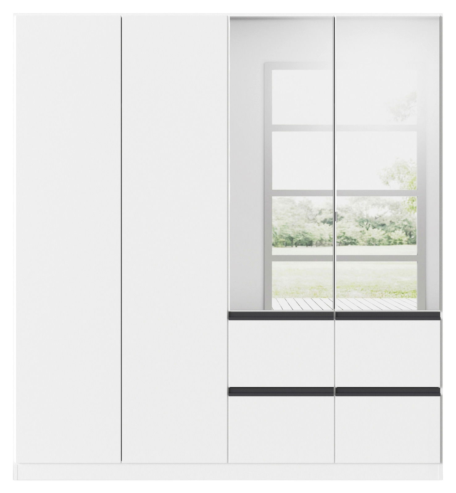 Moderner, weißer Drehtürenschrank mit vier Türen, teilweise mit Spiegel, in Frontalansicht.