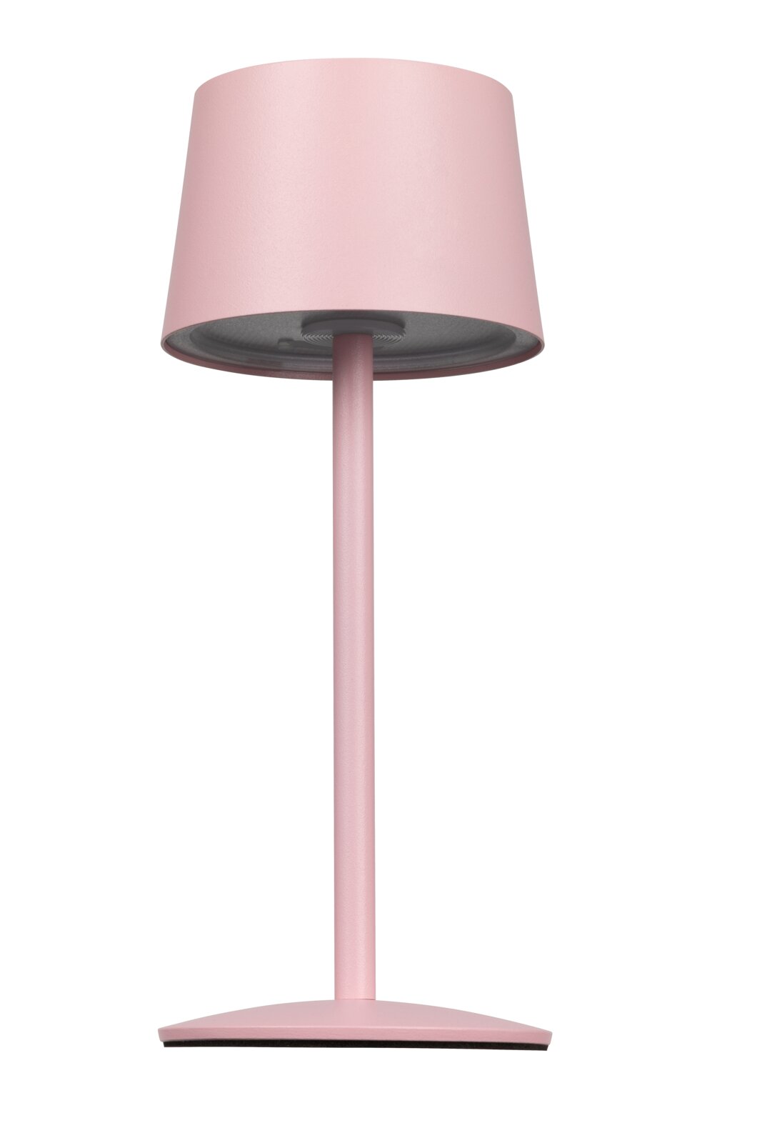 Rosa Akku-Tischleuchte in Frontalansicht mit modernem, minimalistischem Design.