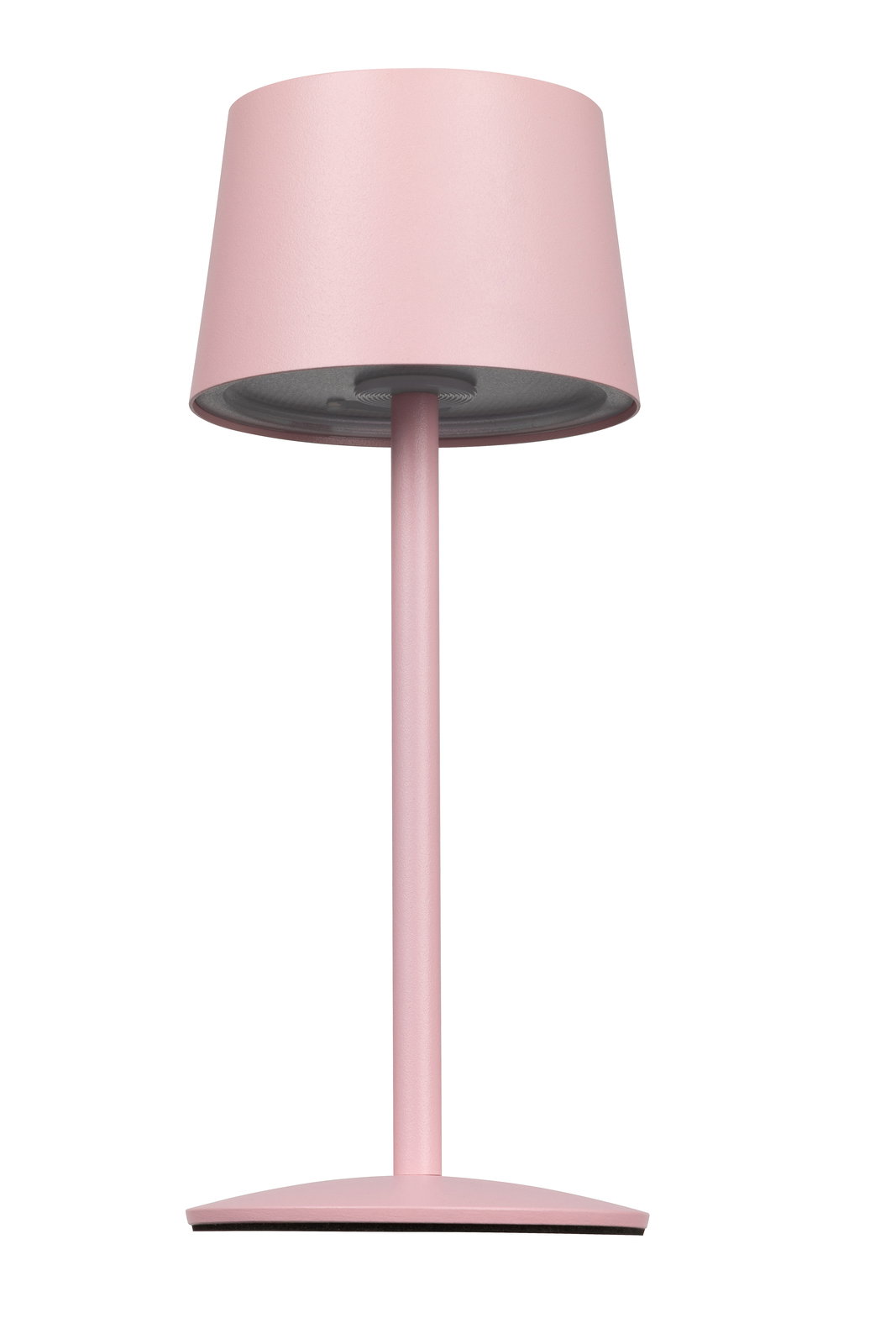 Rosa Akku-Tischleuchte in Frontalansicht mit modernem, minimalistischem Design.