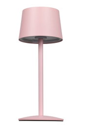 Rosa Akku-Tischleuchte in Frontalansicht mit modernem, minimalistischem Design.