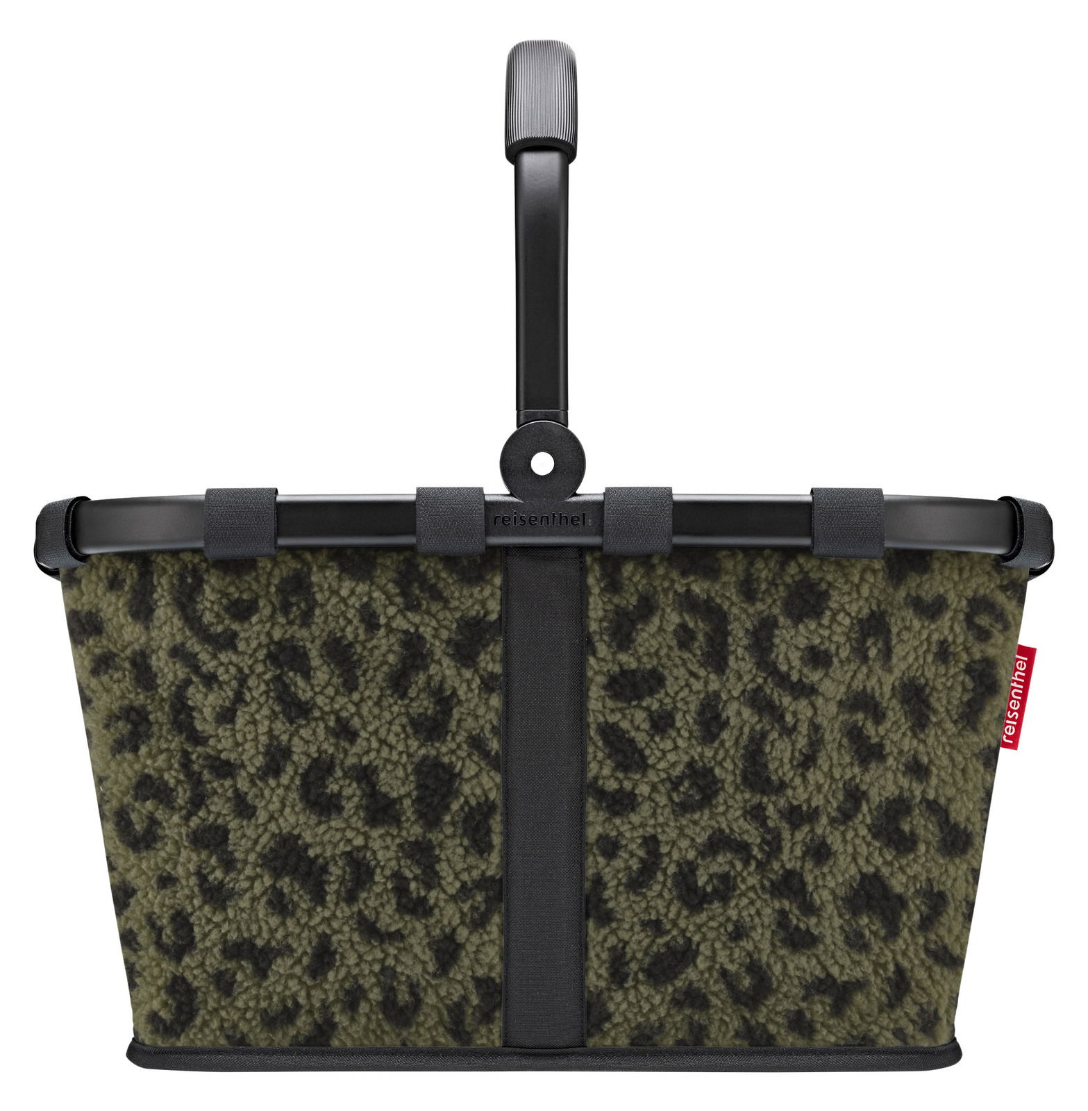 Vorderansicht eines Carrybags mit Leopardenmuster und schwarzem Griff.