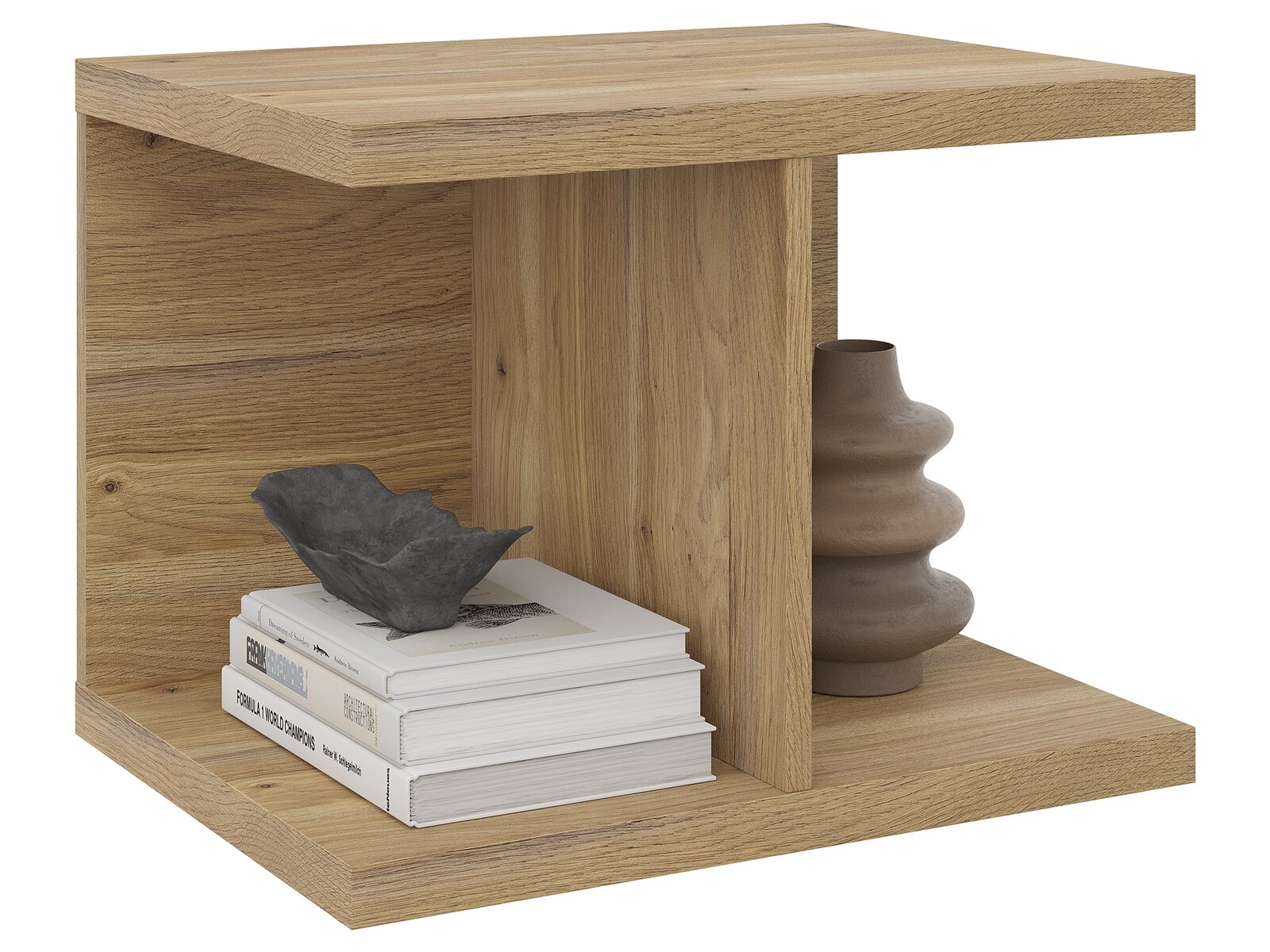 Holz-Aufsatzregal schmal mit Büchern, Vase und Dekoration, seitliche Perspektive