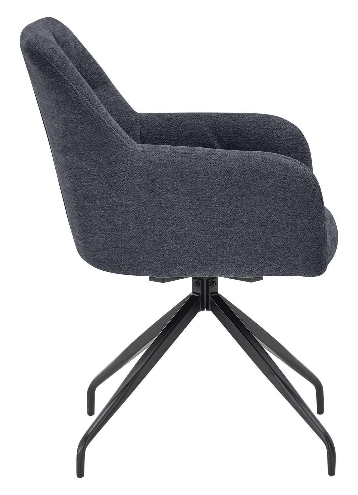 Seitenansicht eines modernen Armlehnstuhls mit dunkelgrauem Stoffbezug und schwarzem Metallgestell.