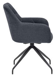 Seitenansicht eines modernen Armlehnstuhls mit dunkelgrauem Stoffbezug und schwarzem Metallgestell.