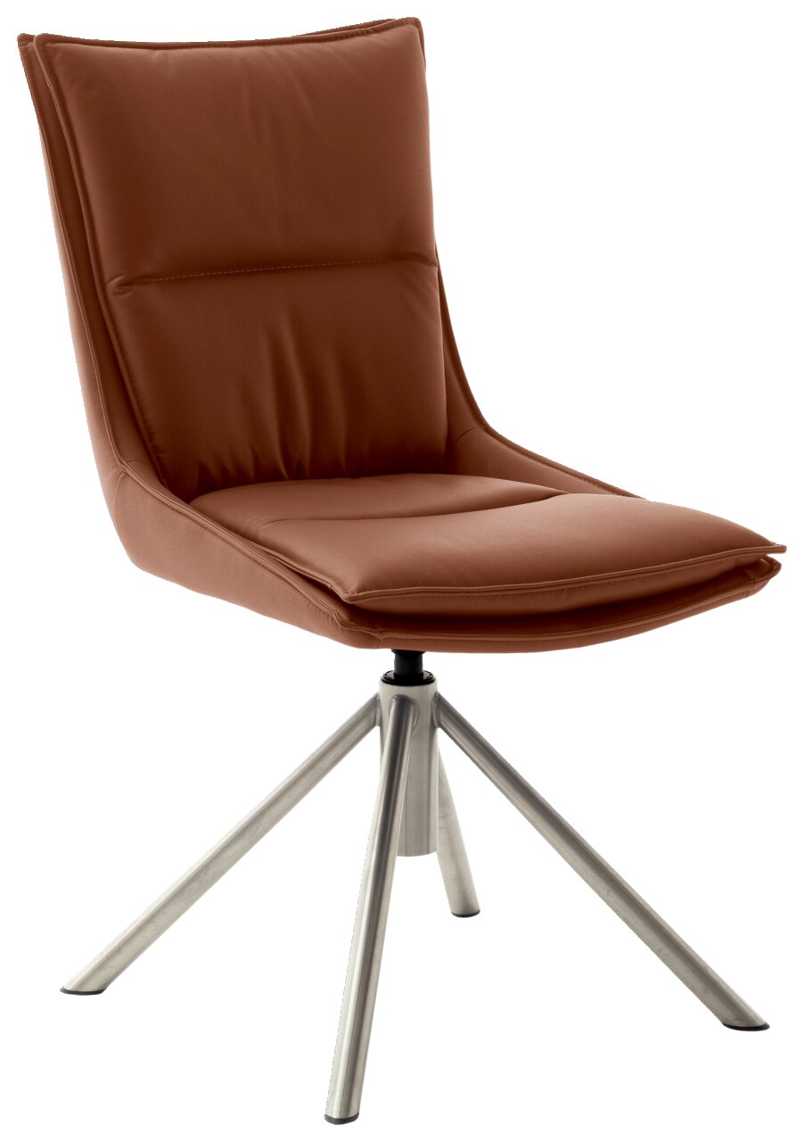 Novel Stuhl HOUSTON Moderner brauner Stuhl mit gepolsterter Rückenlehne und Sitzfläche, auf einem silbernen Metallgestell mit vier Beinen, seitliche Perspektive