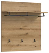 Holzpaneel mit Regal und Haken, frontale Ansicht