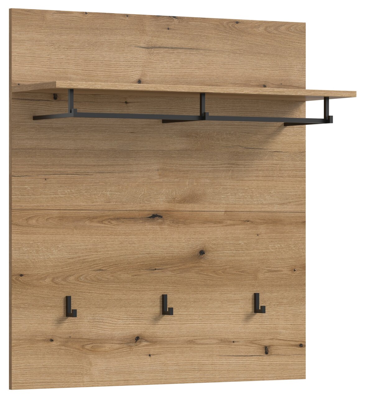 Holzpaneel mit Regal und Haken, frontale Ansicht