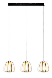Moderne LED-Hängeleuchte mit drei goldenen Lampenschirmen, von vorne betrachtet.