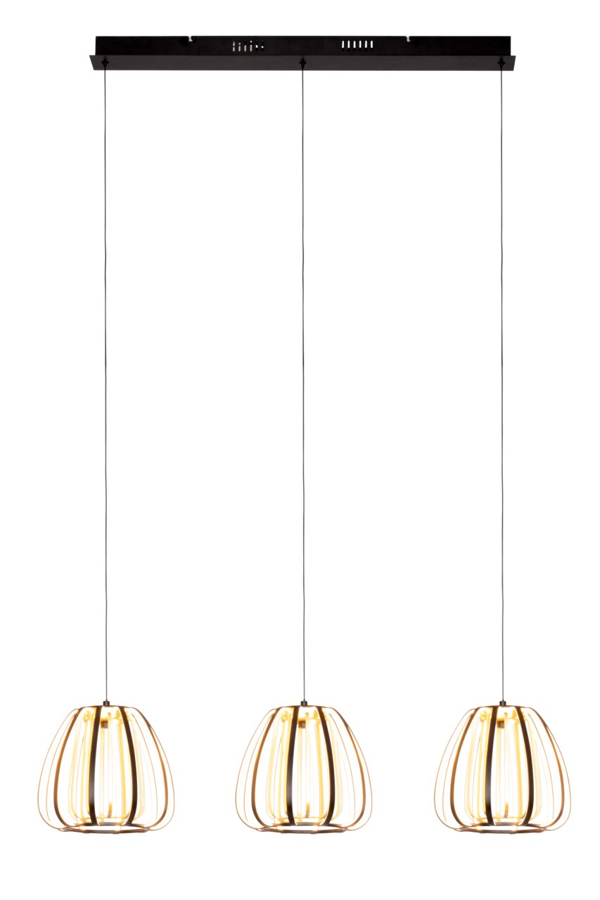 Moderne LED-Hängeleuchte mit drei goldenen Lampenschirmen, von vorne betrachtet.