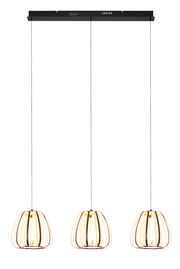 Moderne LED-Hängeleuchte mit drei goldenen Lampenschirmen, von vorne betrachtet.