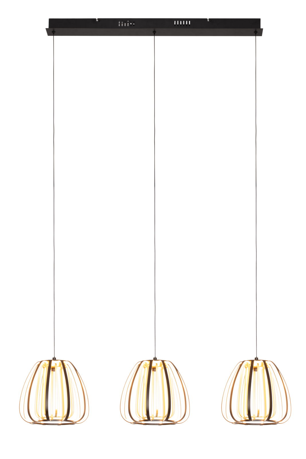 Moderne LED-Hängeleuchte mit drei goldenen Lampenschirmen, von vorne betrachtet.