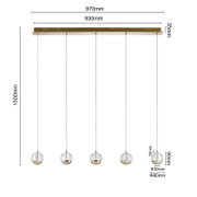 Moderne LED-Hängeleuchte mit fünf kugelförmigen Lampen, goldenen Akzenten und klaren Glasdetails, seitliche Perspektive.