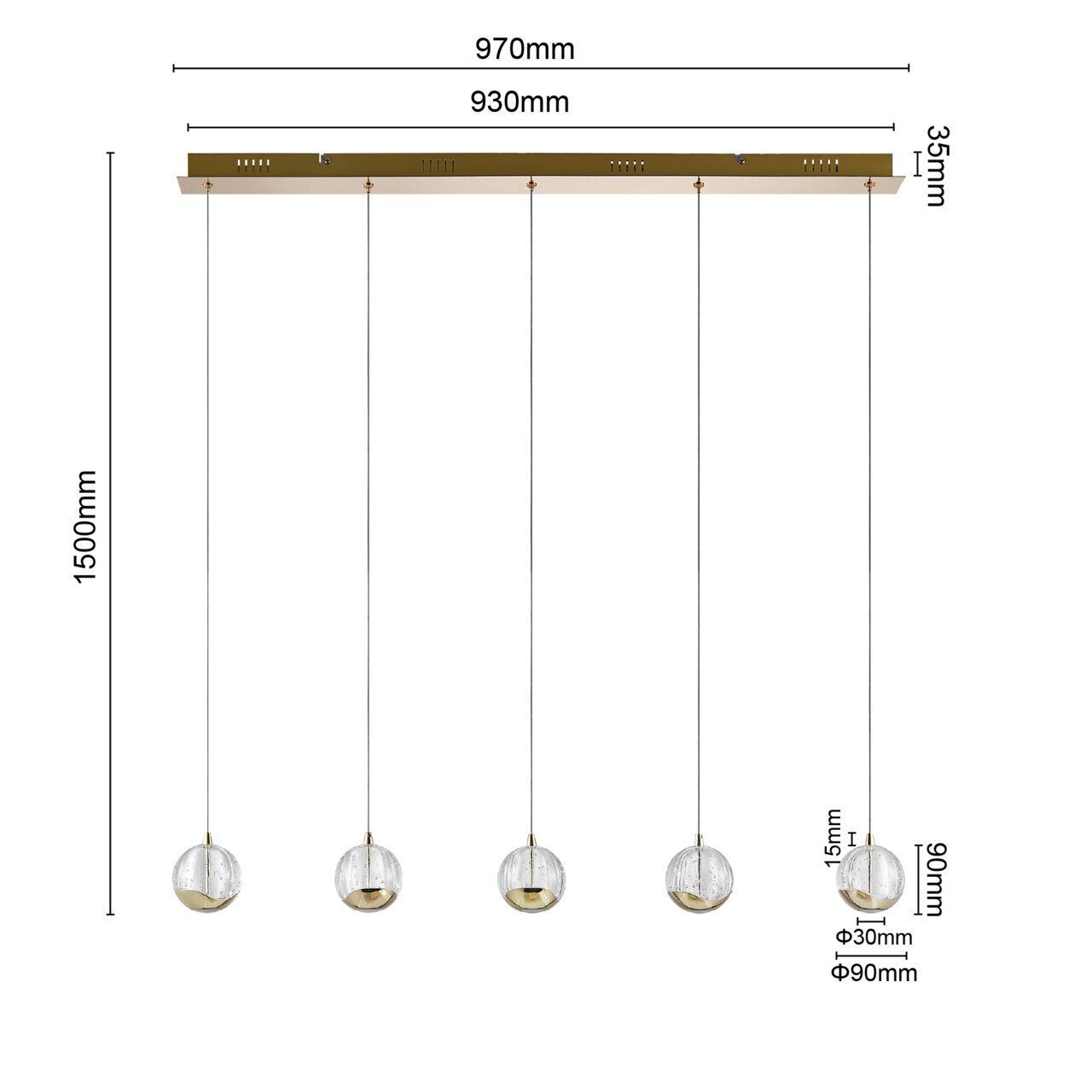 Moderne LED-Hängeleuchte mit fünf kugelförmigen Lampen, goldenen Akzenten und klaren Glasdetails, seitliche Perspektive.
