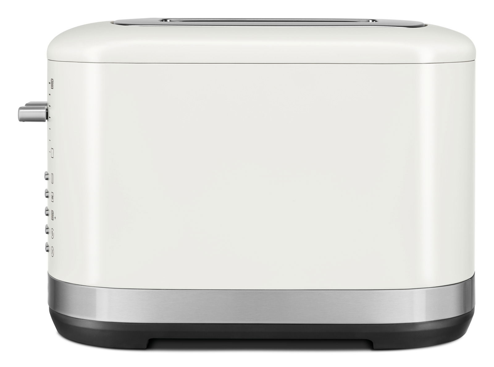Weißer 2-Scheiben-Toaster mit seitlichen Bedienelementen, Seitenansicht