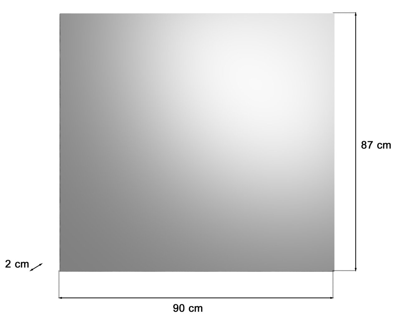 Rechteckiger Spiegel mit den Maßen 90 cm Breite, 87 cm Höhe und 2 cm Tiefe, frontal abgebildet.