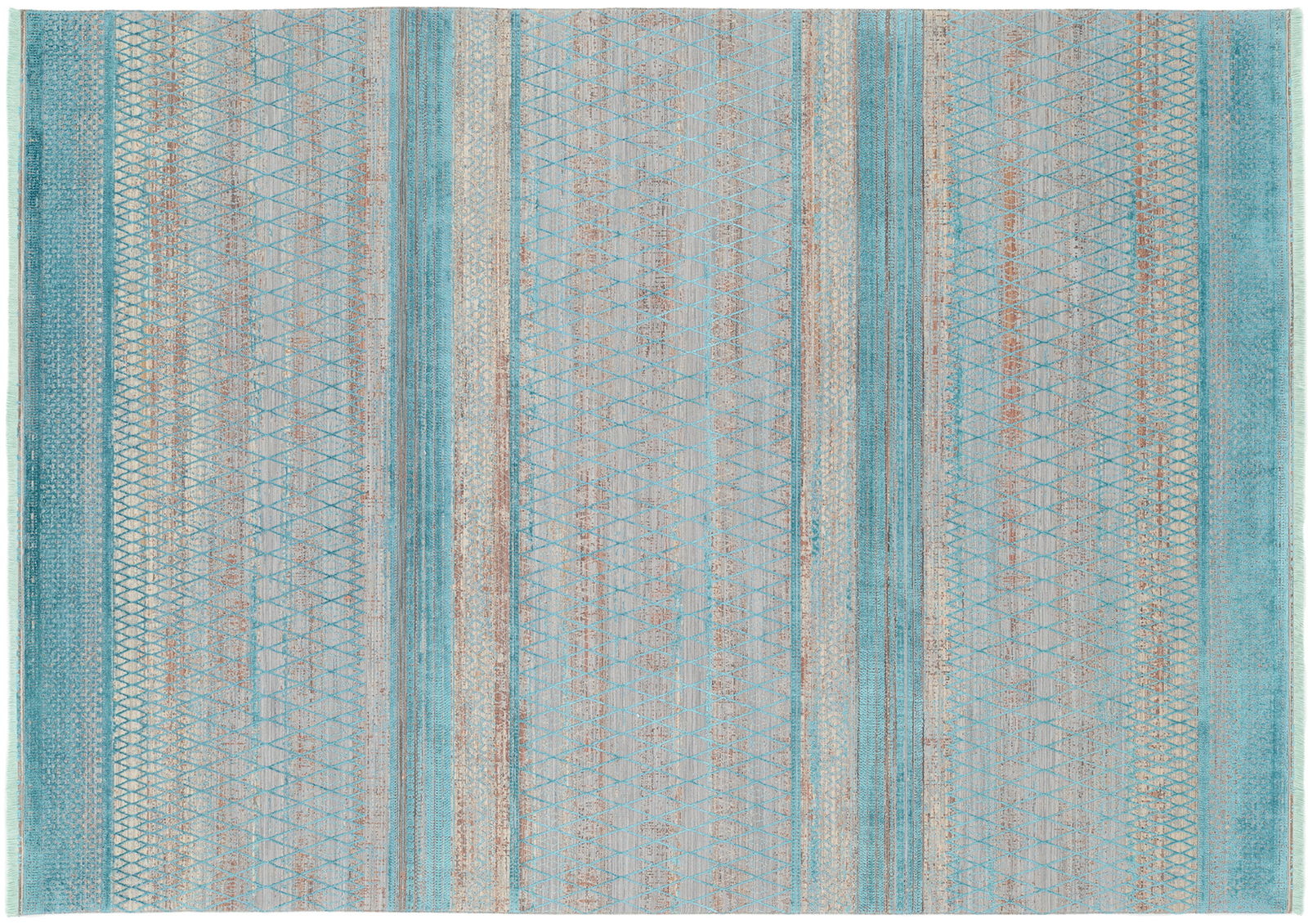 Designer Teppich mit geometrischem Muster in Blau- und Beigetönen, Draufsicht