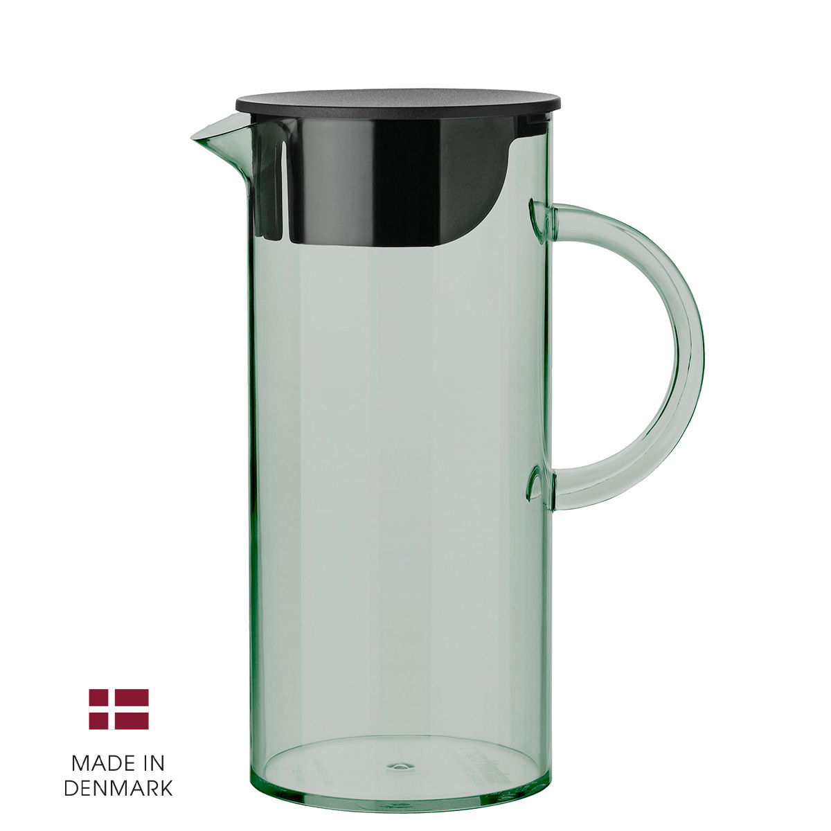 Transparente grüne Kanne mit schwarzem Deckel und Henkel, seitliche Perspektive