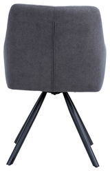 Rückansicht eines grauen Armlehnstuhls mit schwarzen Metallbeinen