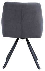 Rückansicht eines grauen Armlehnstuhls mit schwarzen Metallbeinen