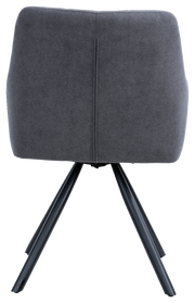 Rückansicht eines grauen Armlehnstuhls mit schwarzen Metallbeinen